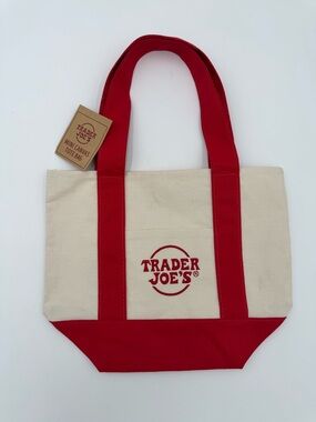 Trader Joe’s Mini Canvas Tote Bag Red & Cream NWT Viral Reusable Grocery Bag